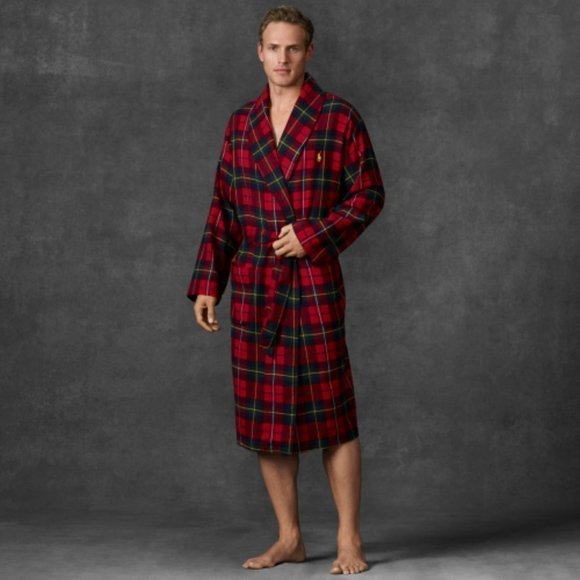 NWT MEN'S‎ POLO RALPH LAUREN PLUSH PLAID BATH ROBE RED BLACK YELLOW - Picture 1 of 8